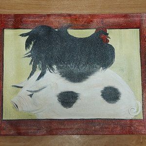 Custom Whimsical Hand-Painted Floorcloth featuring Pig & Rooster